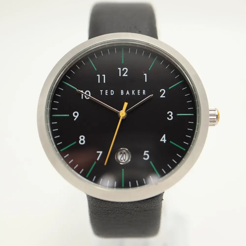 Ted Baker Mens Round 42mm Classic Date Watch Dress Black Leather w New Battery